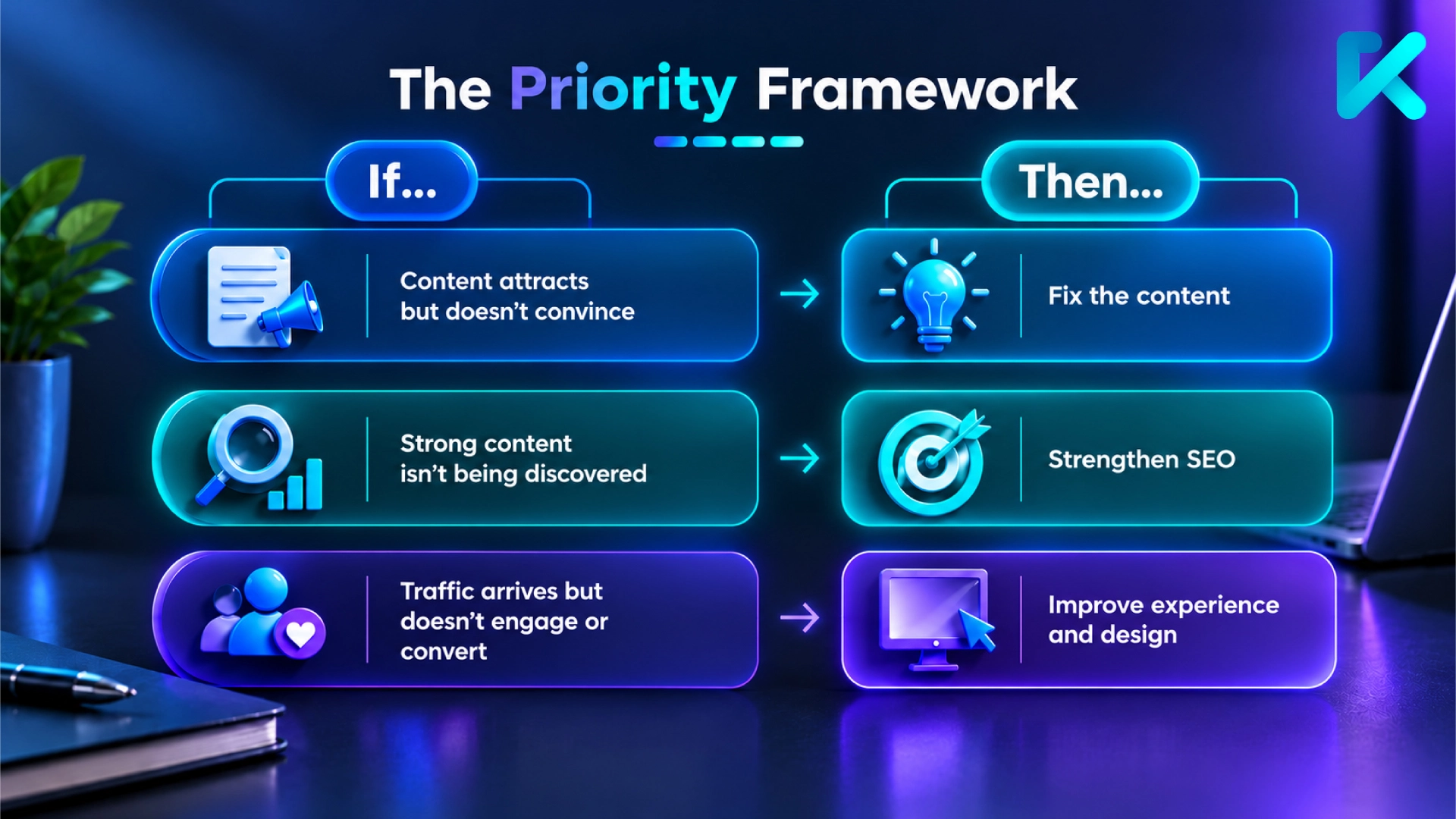 The Priority Framework infographic showing If and Then decision paths for content, SEO, and design