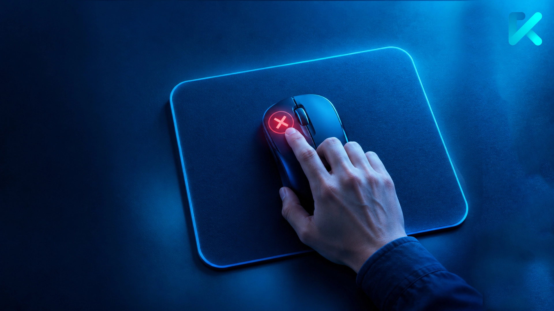 The Zero-Click Reality: How to Win When Buyers Stop Visiting Your Site - Visual showing a computer mouse with a red cancel mark on the click button in a futuristic blue workspace